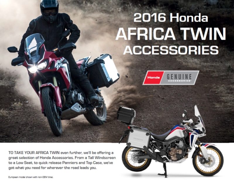 2016 - 2018 Honda Africa Twin CRF1000L Accessories / Prices - Saddlebags / Panniers - Trunk / Top Case - Center Stand - Tall Windshield - Crash / Light bar